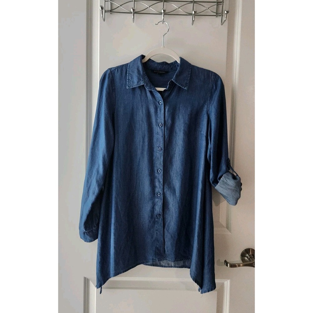 Zac & Rachel Women's Blue Chambray Tunic Blouse Roll Tab Long Sleeve Size S